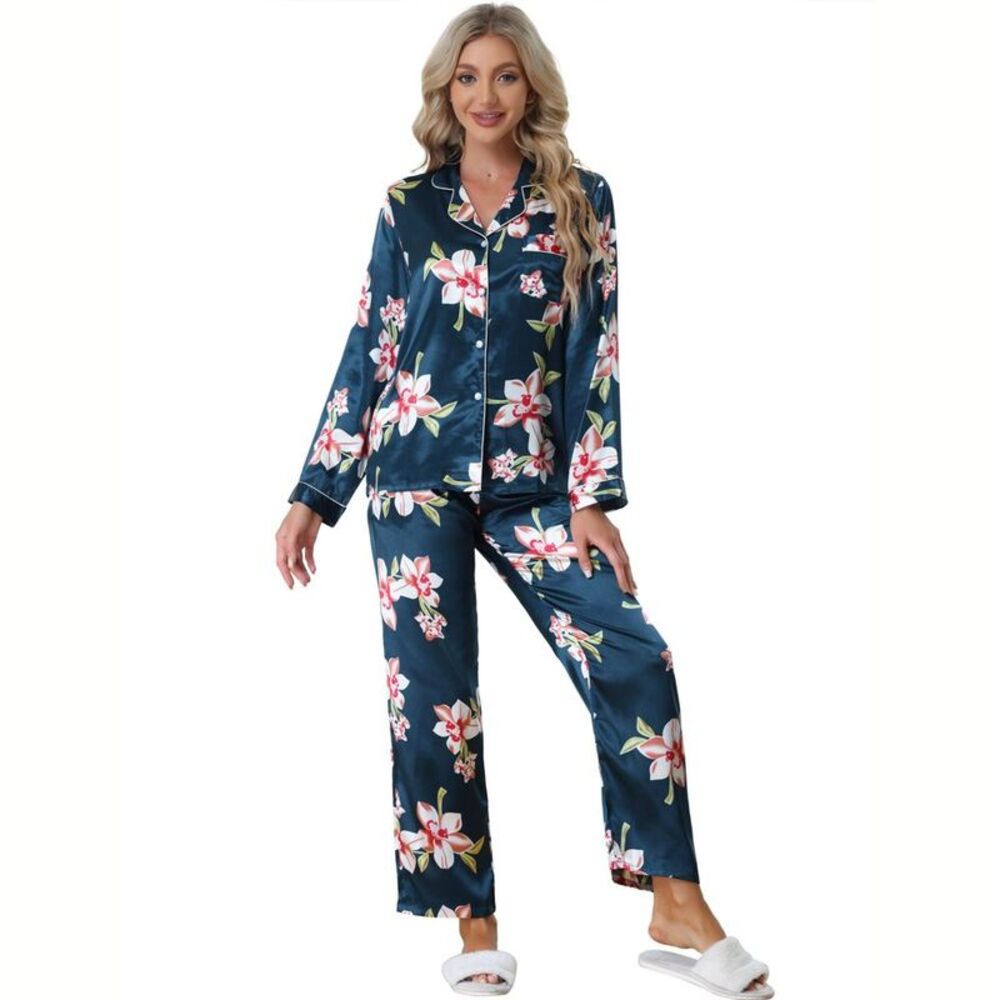 Cheibear -  Women's Satin Silky Button Down Long Slee Blue